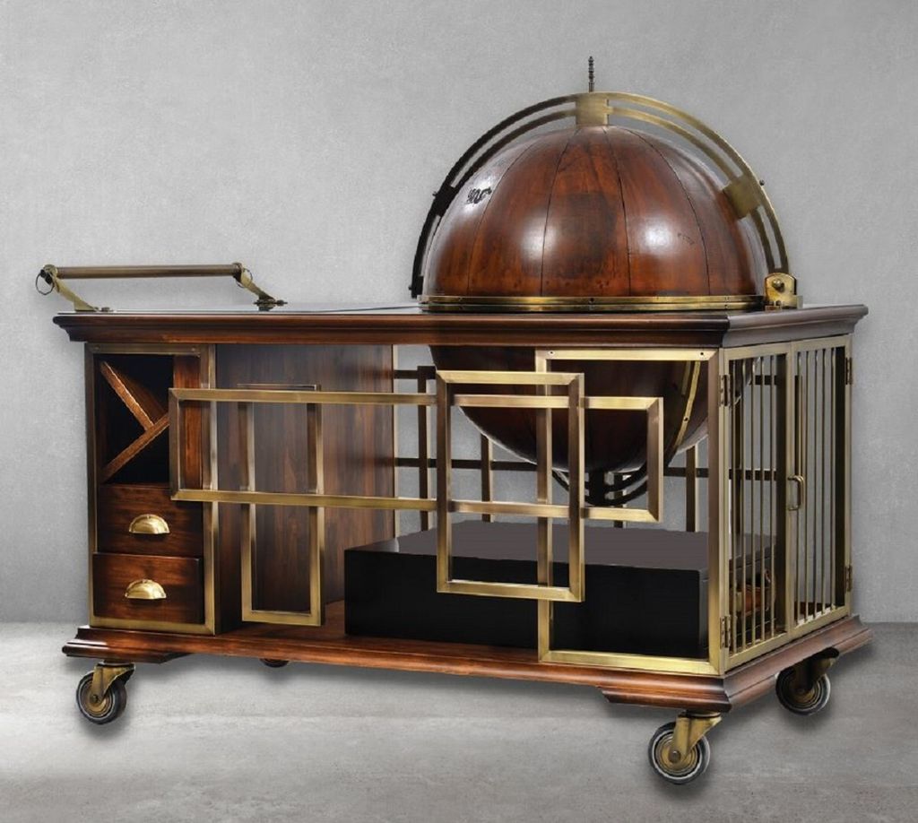 Casa Padrino Luxus Vintage Stil Servierwagen Braun / Schwarz / Messing / Grün 136 x 77 x H. 122 cm - Hotel Trolley mit Globus Weinflaschenhalter -...