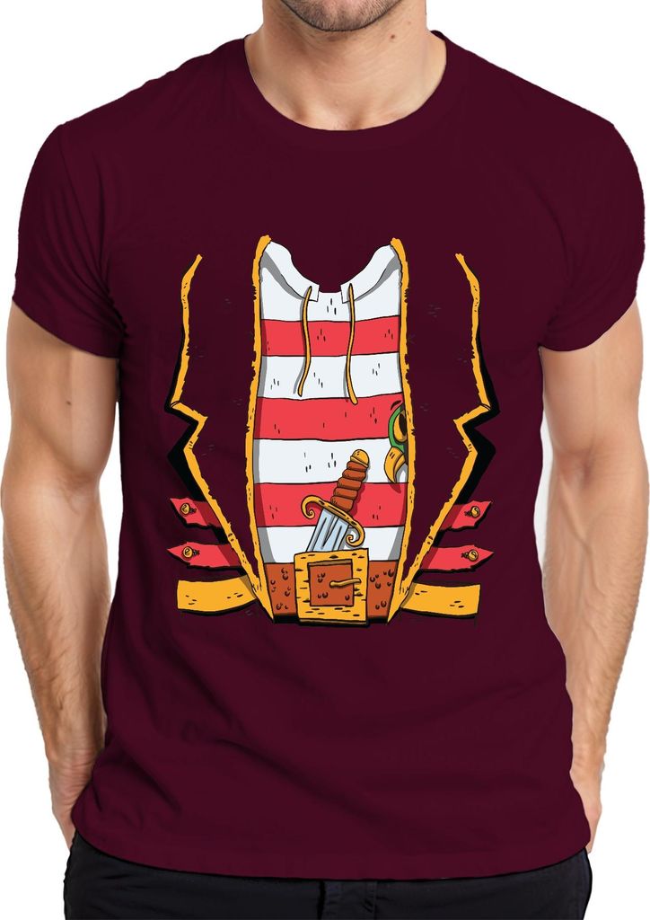 Seeräuber Pirat Dolch Gürtel gestreift Weste Karneval Vintage Herren T-Shirt, Burgundy, XXL