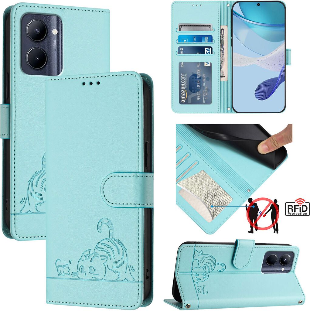 Leder Hülle für Realme C33 / C33 2023 Süße Katze Flip Case Brieftasche Schutzhülle mit Standfunktion hellgrün