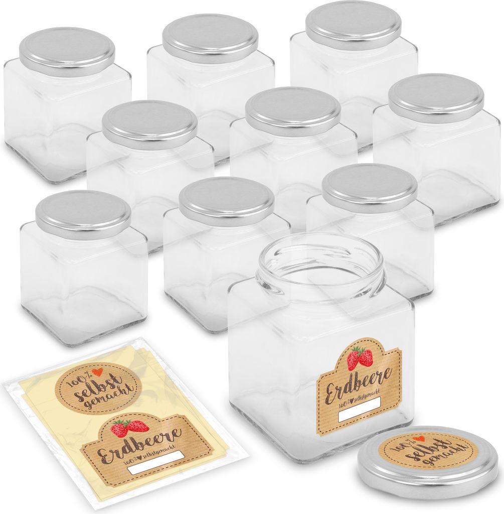 itenga Set 10 Marmeladengläser QUADRATISCH 212ml mit Sticker Erdbeere
