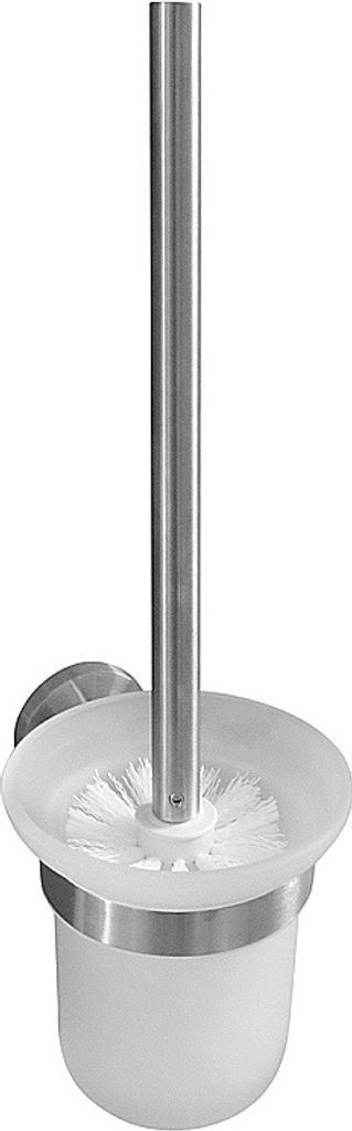 BEO WC-Bürstengarnitur mit Glasbehälter Edelstahl matt weisse Bürste 110x350x140 mm für Bad & WC >> zum Bohren oder Kleben