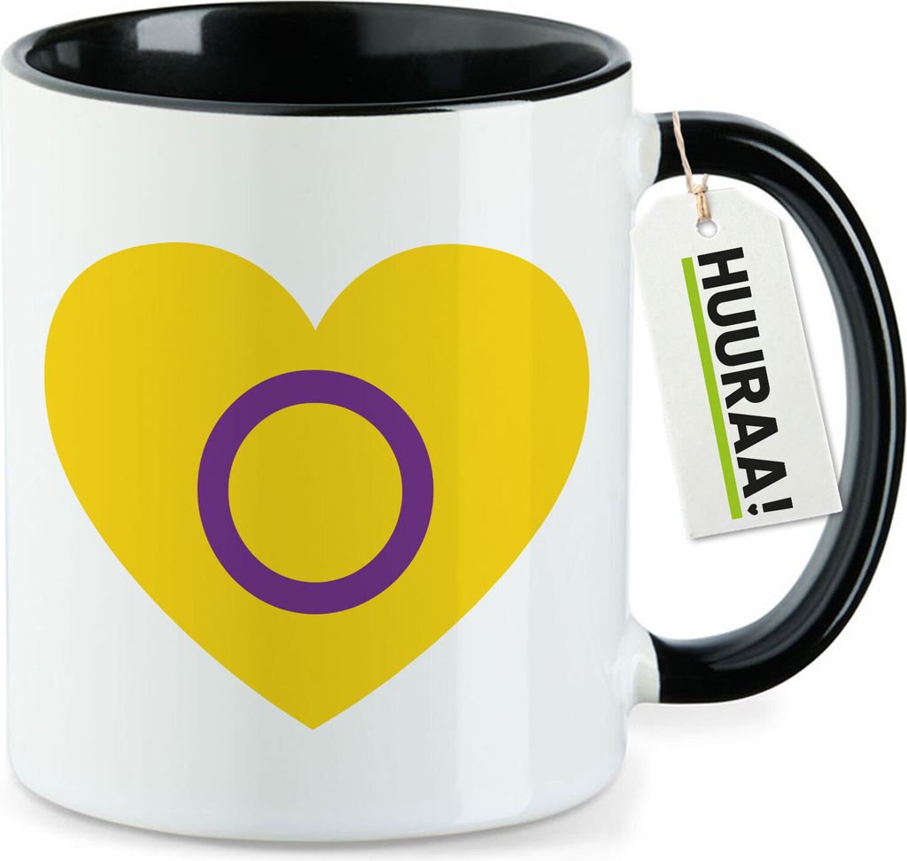 Huuraa Kaffeetasse Intersex Pride Flagge LGBTQ Herz 330ml Schwarz Keramik Kaffeebecher Geschenkidee