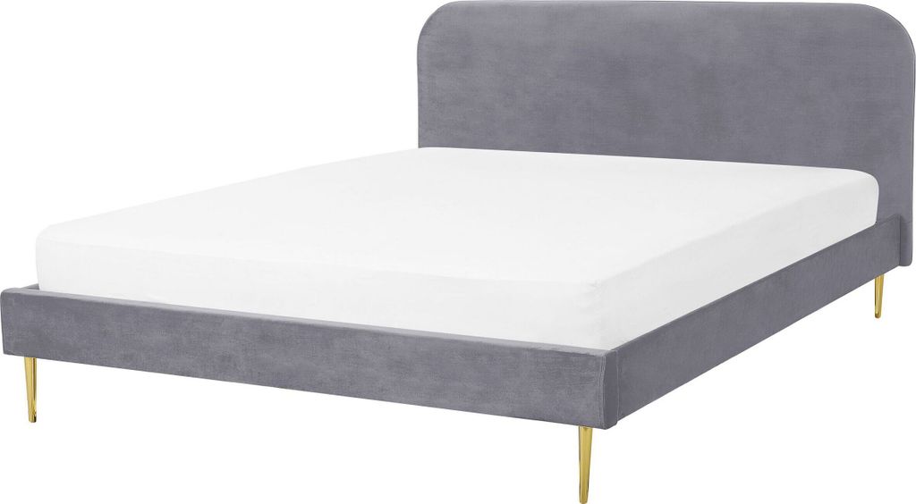BELIANI Bett Grau Samtstoff mit Lattenrost 140 x 200 cm Metallfüße Gold hohes Kopfteil Retro Glamourös Polsterbett Doppelbett Schlafzimmer