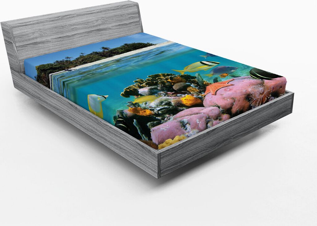ABAKUHAUS Zentralamerika Spannbetttuch, Unterwasser und über Ansicht mit einem Strand und einem Korallenriff mit exotischen Fischen, 90 x 190 cm, ...