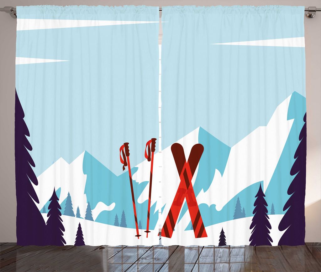 ABAKUHAUS Ski Rustikaler Gardine, Schneeberge und Skistöcke, Schlafzimmer Kräuselband Vorhang mit Schlaufen und Haken, 280 x 225 cm, Blau Dunkellila