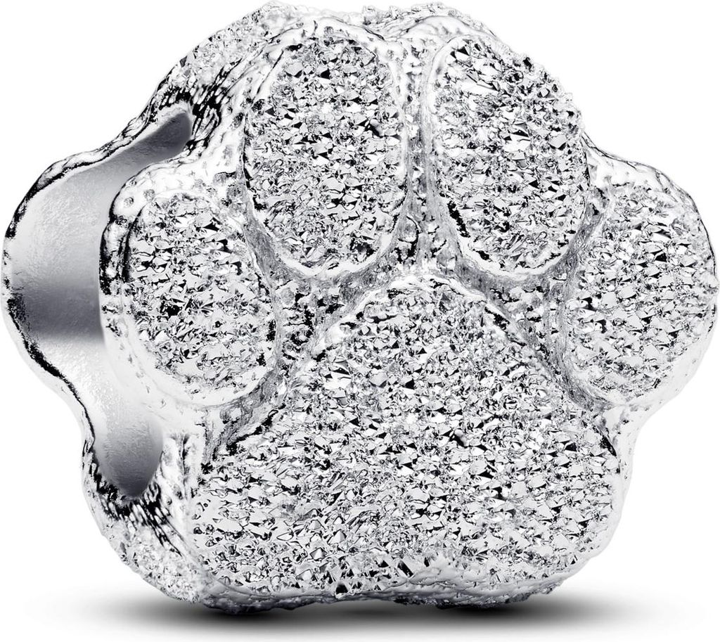 A close-up, studio shot of a silver Pandora charm shaped like a paw print.