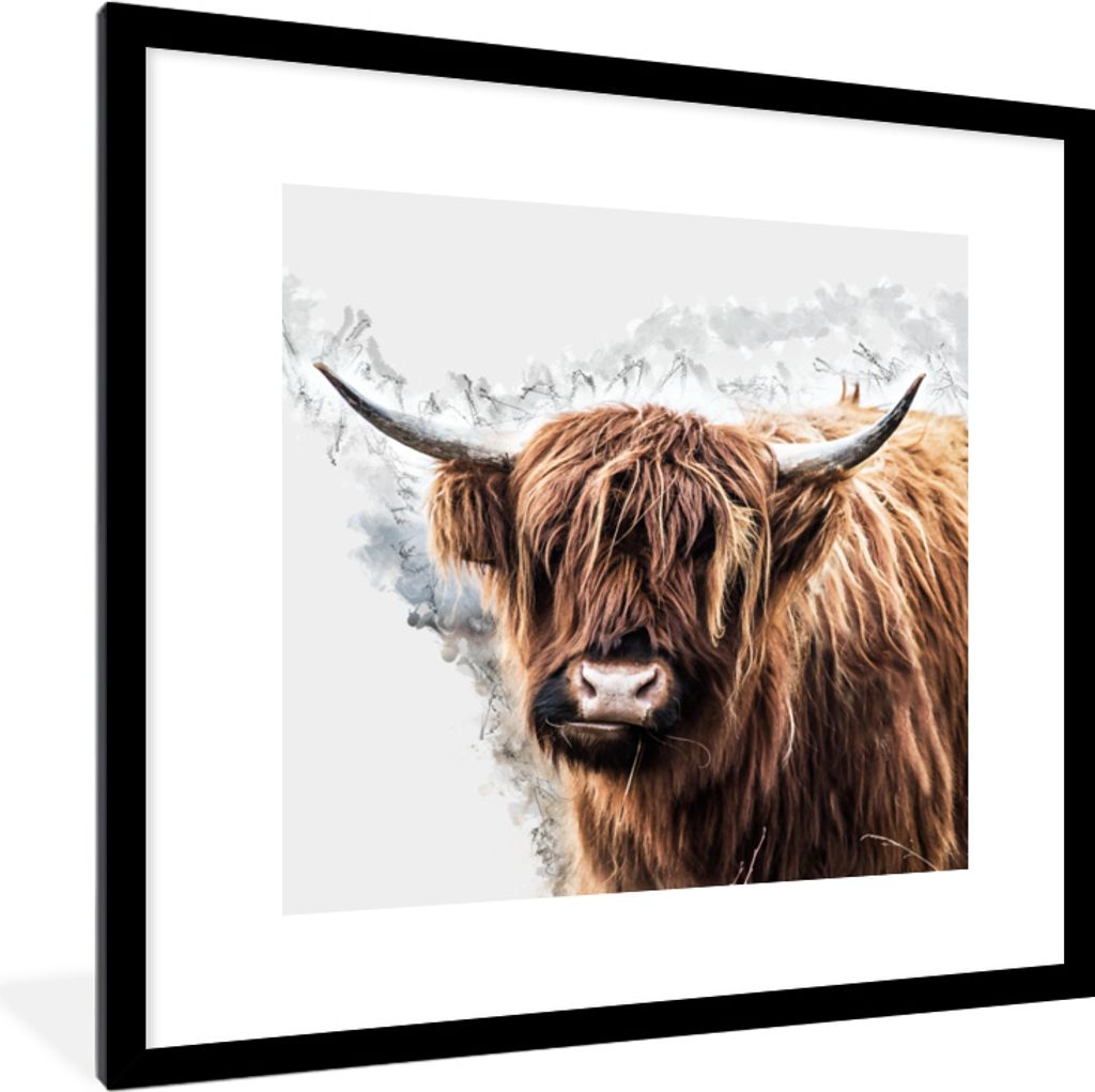 MuchoWow MuchoWow Gerahmtes Poster Schottisches Hochlandrind - Schottische Kuh 40x40 cm - Poster mit zchwarzem Bilderrahmen - Poster - Plakat i...