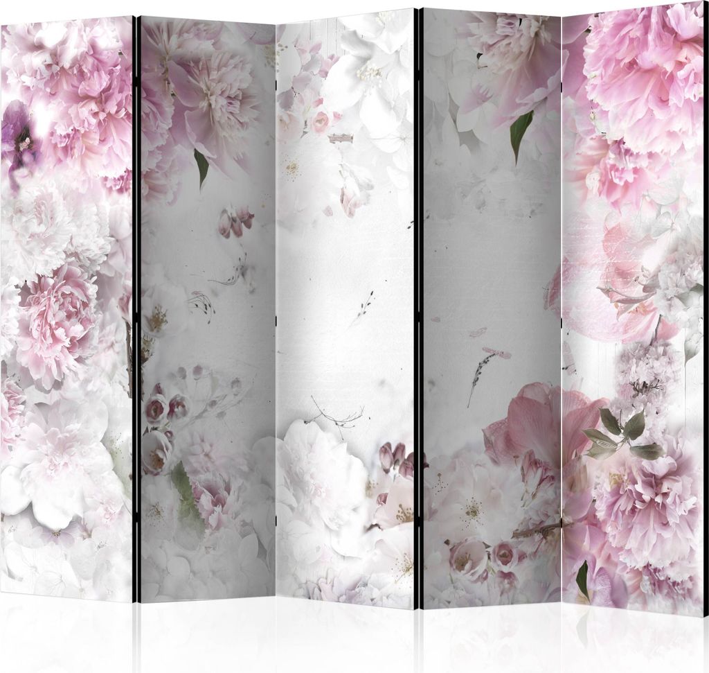 5-teiliger Doppelseitiger Vlies Paravent - Dancing peonies II 225x172 cm Blumen b-A-0152-z-c
