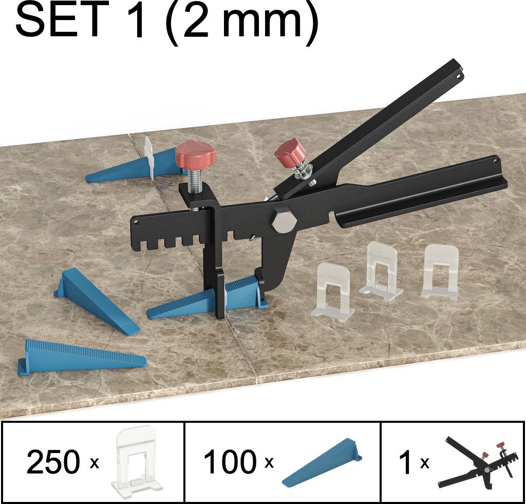 Fliesen Nivelliersystem Verlegehilfe Fliesen Plan System, Set 1, 250 Laschen, 100 Keile, Zange, 2 mm