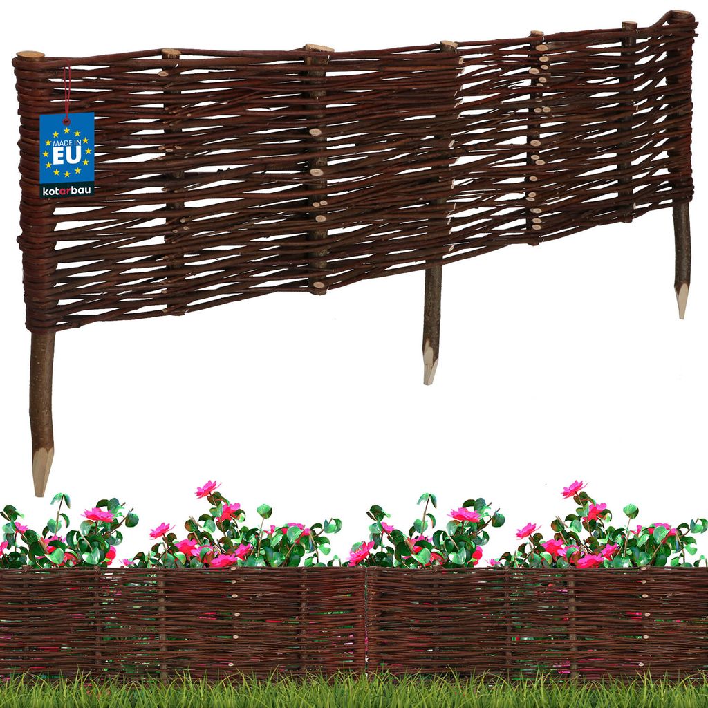 A woven willow border fence with pointed stakes, shown both freestanding and in a garden setting with flowers and grass.