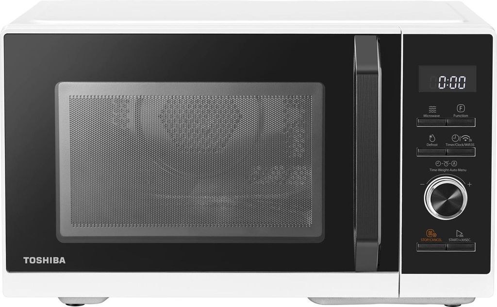 A white and black Toshiba microwave oven is shown from the front.