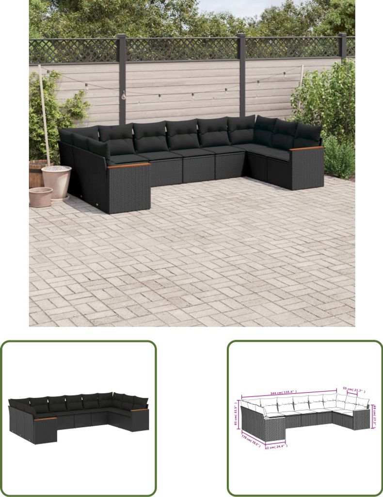 The Living Store 10-tlg. Garten-Sofagarnitur mit Kissen Schwarz Poly Rattan