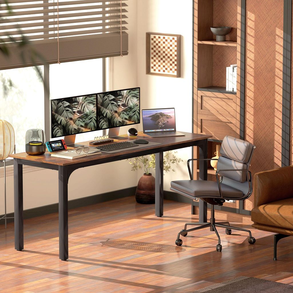 Schreibtisch Industrial Design, Computertisch, Spanplatte Rustikal-Braun, Stahl schwarz | 180x60x75 cm | 23,8 kg | melaminbeschichtet