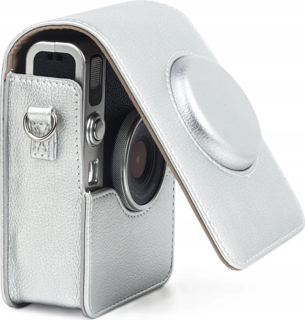 Buziba Custodie per fotocamera Fujifilm Instax Mini EVO, custodia protettiva in pelle PU argento con tracolla regolabile, Argento, Fotografia