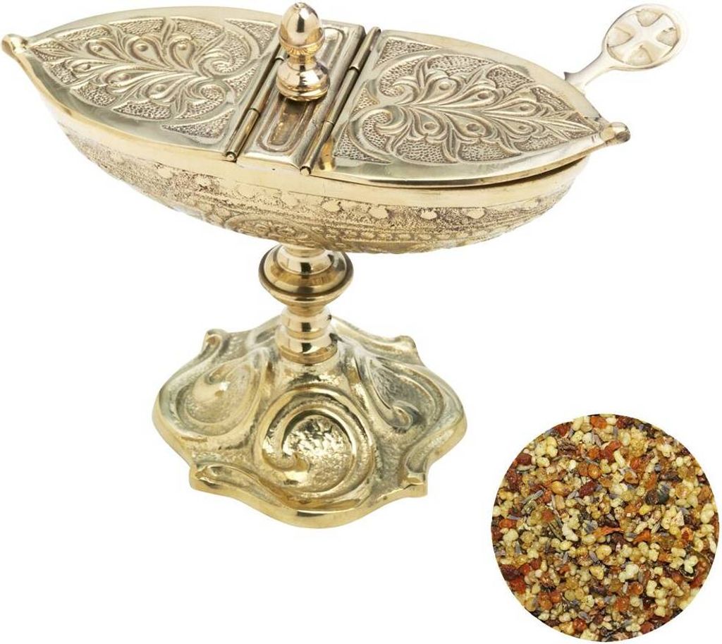3tlg Set Weihrauchschiffchen Gelbgold mit Löffel 100g Gloria Weihrauchmischung