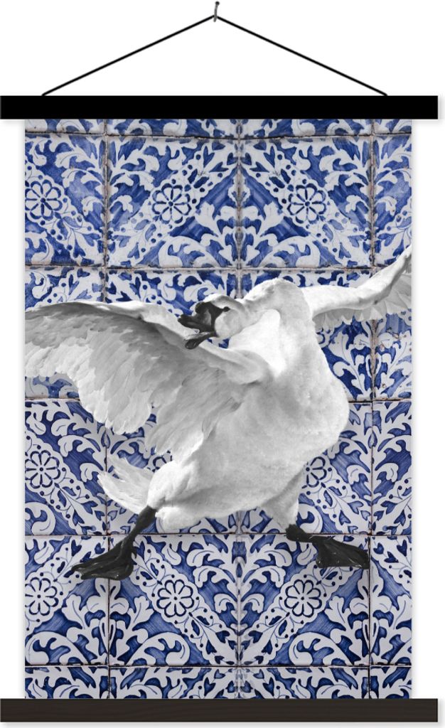MuchoWow Textilposter Schwan - Kunst - Delfter Blau - Malerei - Alte Meister 60x90 cm mit schwarzem Rahmen - Poster Wohnzimmer
