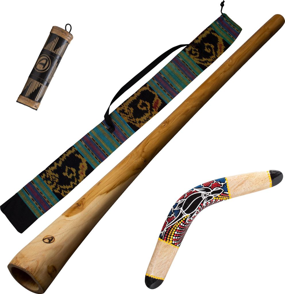 Dreamtime Didgeridoo Paket – 130cm Holz mit Bumerang, Regenstab & Tasche
