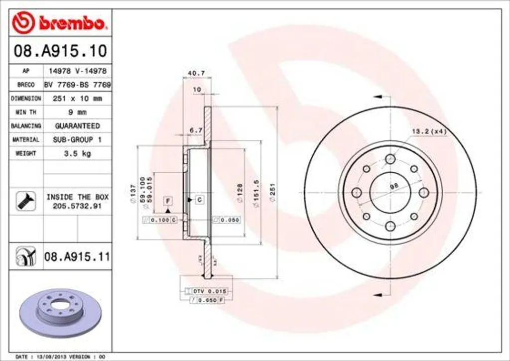 Disque de Frein Arrière Alfa Romeo Mito - Brembo 08.A915.11 Original
