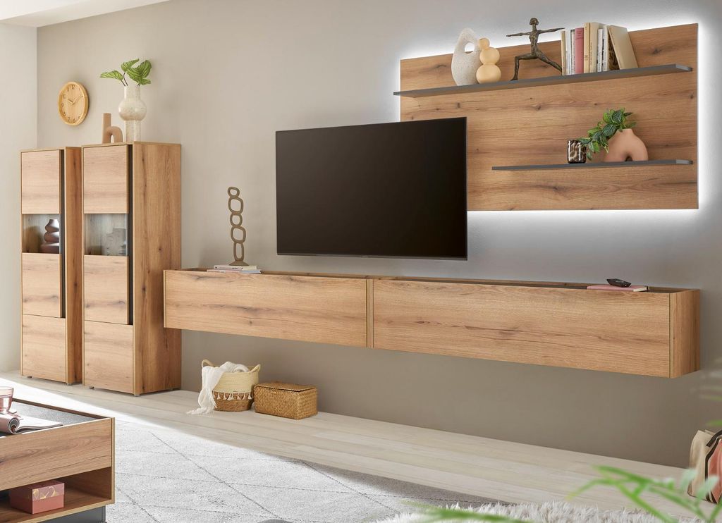 Wohnwand "Center" in Evoke Eiche und grau Wohnkombination Set 5-teilig mit XXL-TV-Schrank 440 cm