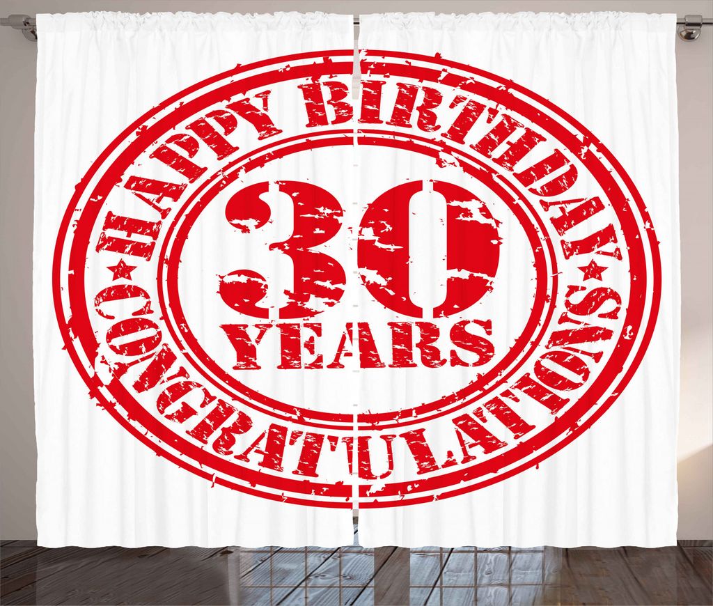 ABAKUHAUS Retro Rustikaler Gardine, Grunge-Geburtstags-Stempel, Schlafzimmer Kräuselband Vorhang mit Schlaufen und Haken, 280 x 245 cm, Rot und weiß