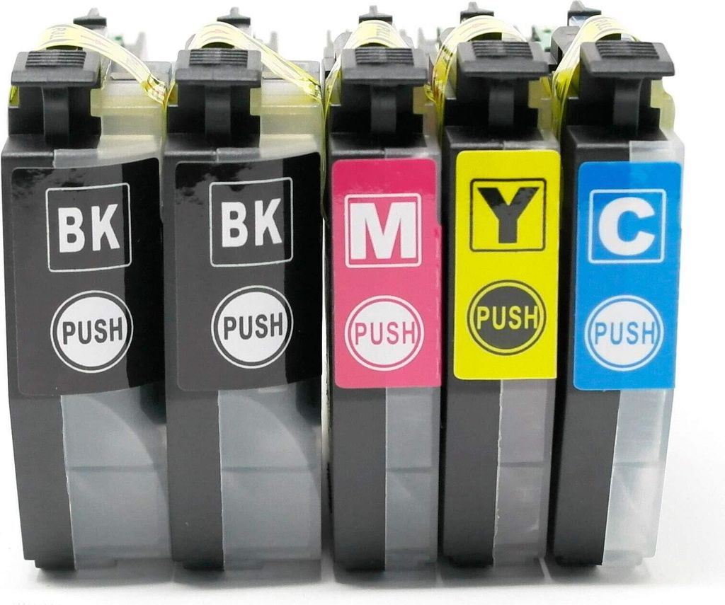 A set of five printer ink cartridges lined up against a white background.