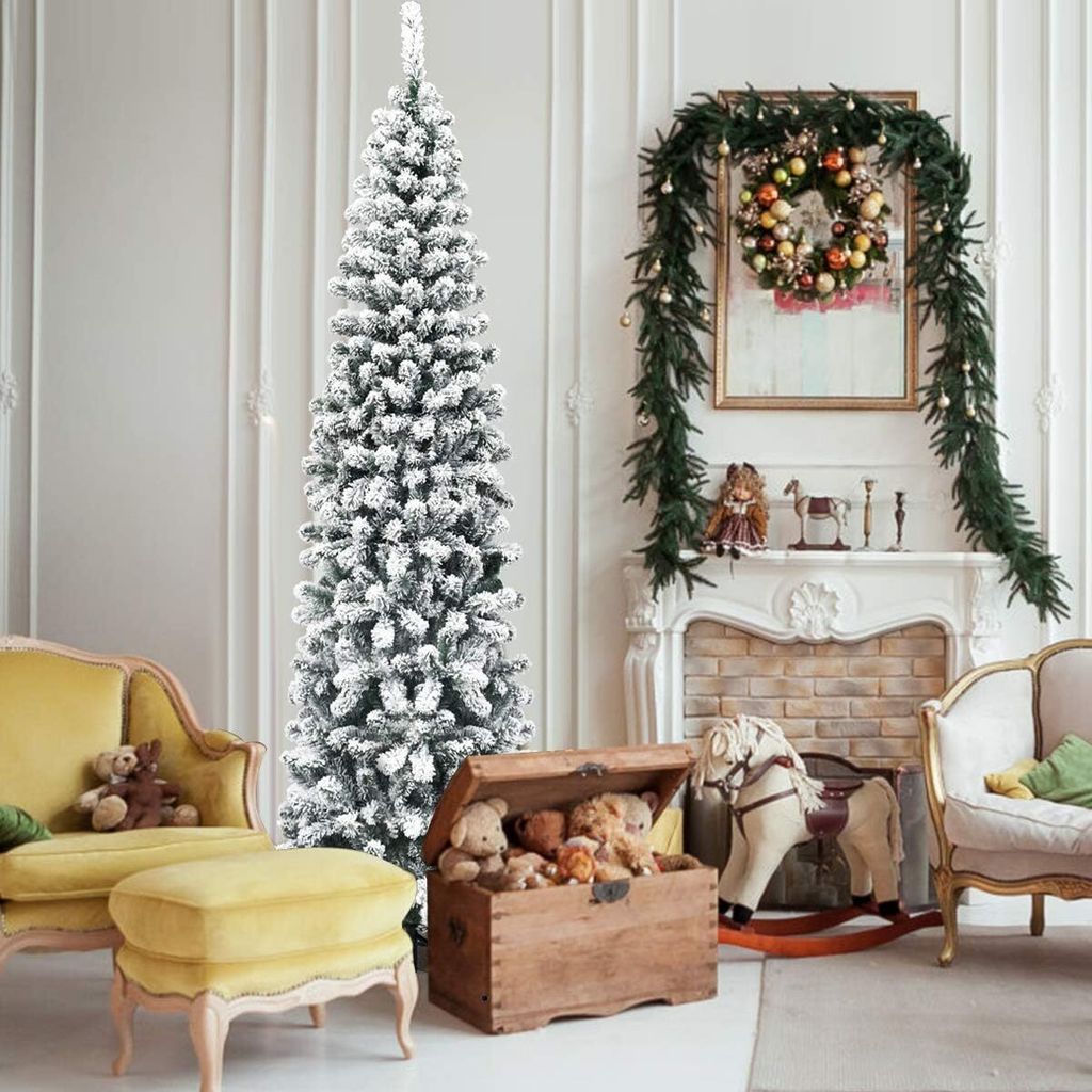 GOPLUS 225 cm künstlich Weihnachtsbaum, Christbaum mit Schnee & klappbarem Metallständer, Tannenbaum künstlich mit PVC-Blättern, für Weihnacht...