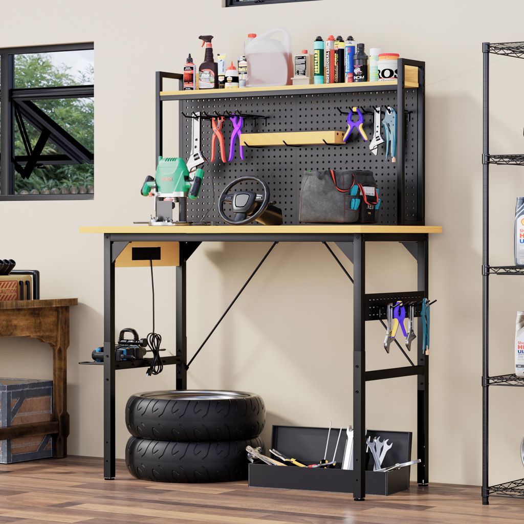 STILVORA Werkbank mit 120 cm verstellbarer Höhe für Garage und Werkstatt, Arbeitstisch mit 700 kg Tragkraft und robuster Holzkonstruktion, rollba...