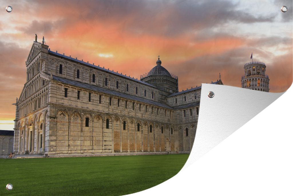 MuchoWow 120x80 cm Outdoor-Poster Gartendeko Sichtschutz Garten Poster für den Garten Turm von Pisa - Italien - Sonnenuntergang