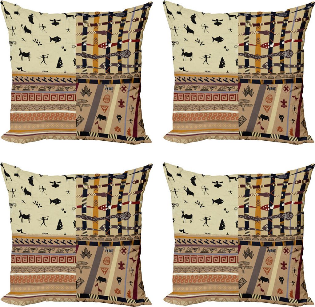 ABAKUHAUS Stammes Kissenbezug Set (4 Stück), Primitive Einheimische Tiere, Moderner Doppelseitiger Digitaldruck, 40 cm x 40 cm, schwarz Beige