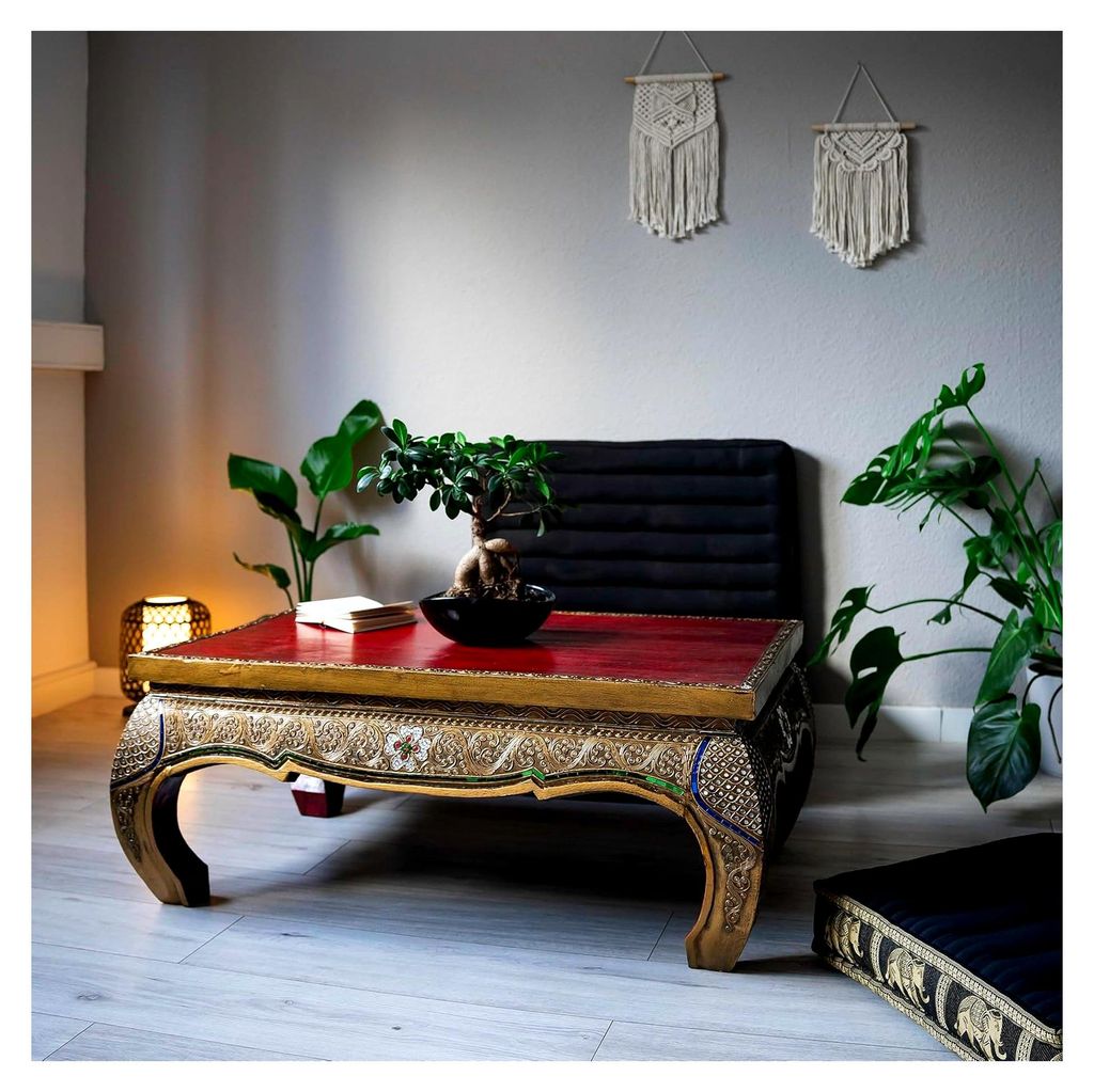 Opiumtisch aus Massivholz – 100x60x45cm – Handgeschnitzter Beistelltisch aus Thailand mit Glasmosaik