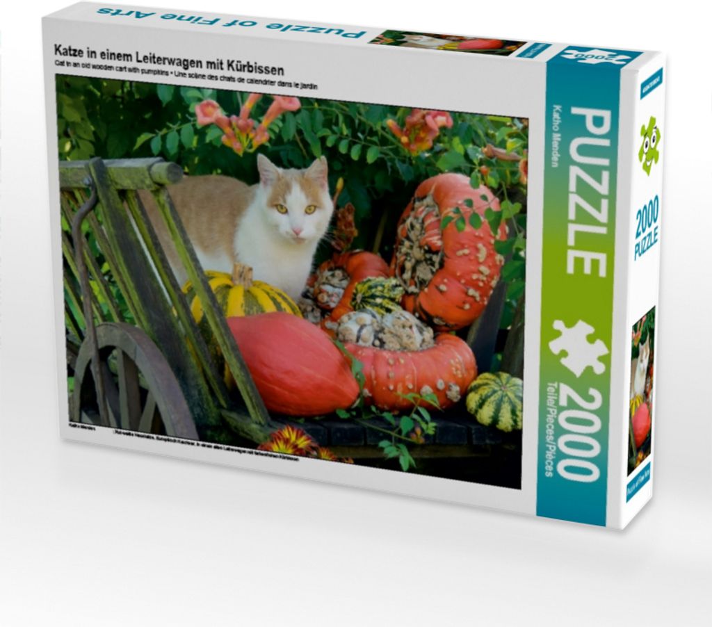 Calvendo Katze in einem Leiterwagen mit Kürbissen 2000 Teile Puzzle quer 900x670mm, Menden Katho; 7396484