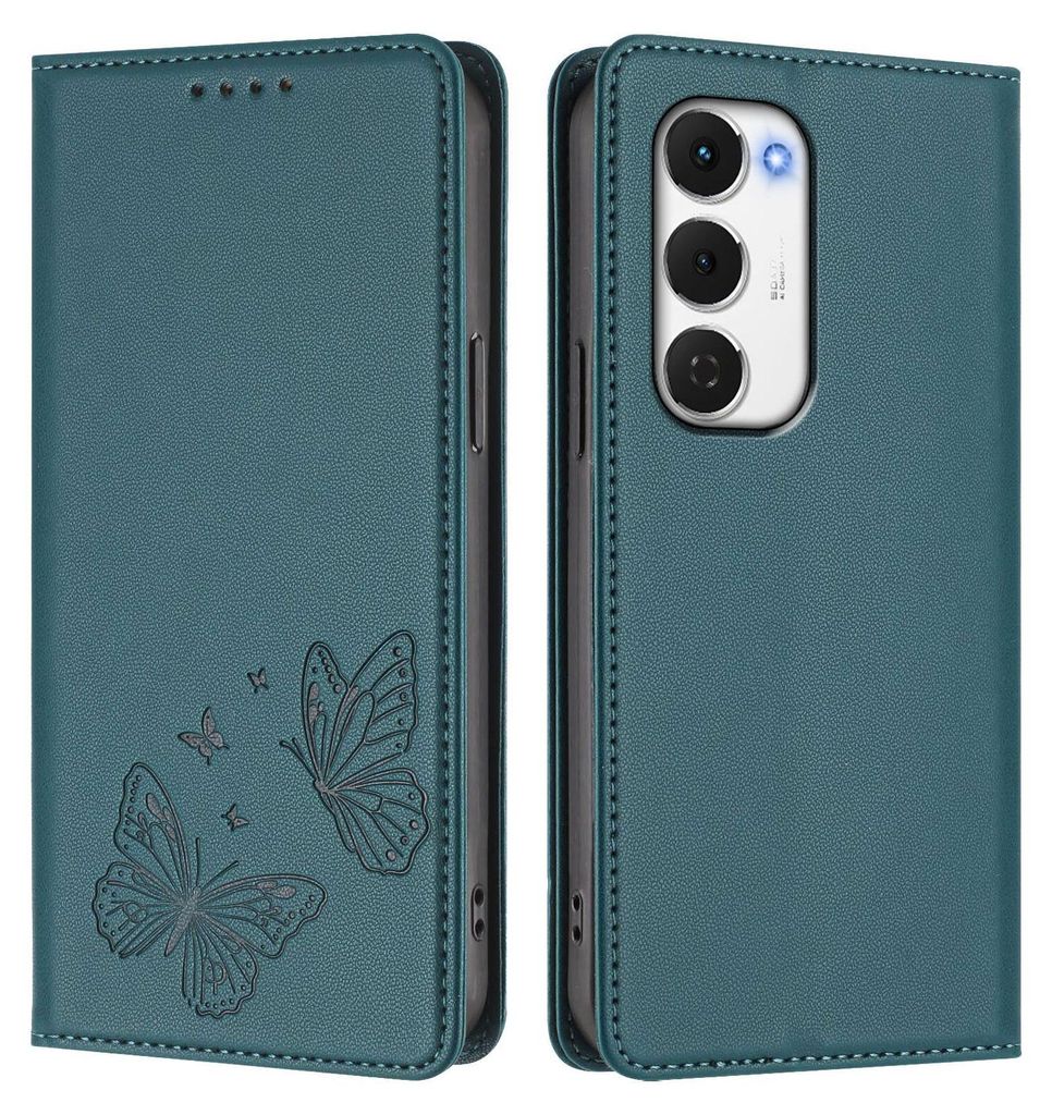 Lederhülle für Tecno Spark 40 Pro+, Schmetterling Prägung Leder Brieftasche Schutzhülle mit Ständer Grün
