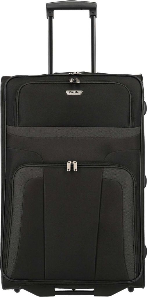 A black trolley suitcase with a retractable handle.