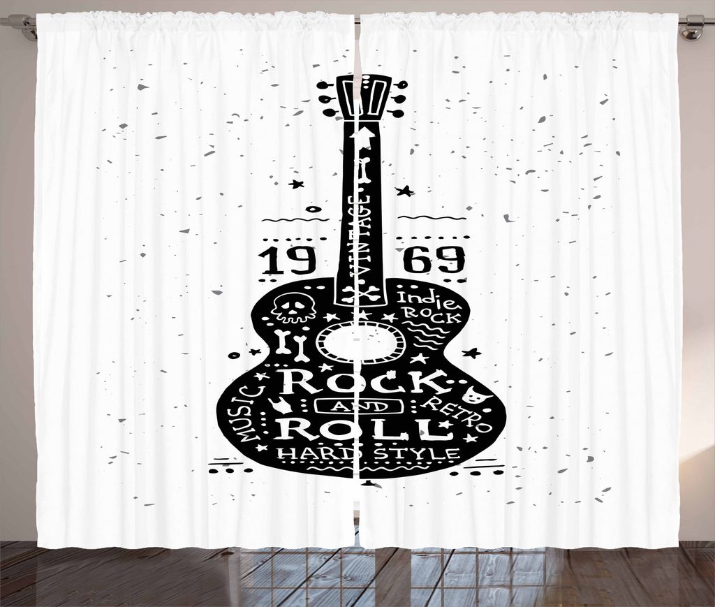 ABAKUHAUS Gitarre Rustikaler Vorhang, Grunge-Look Rock 'n' Roll, Wohnzimmer Universalband Gardinen mit Schlaufen und Haken, 280 x 175 cm, Weiß Sch...