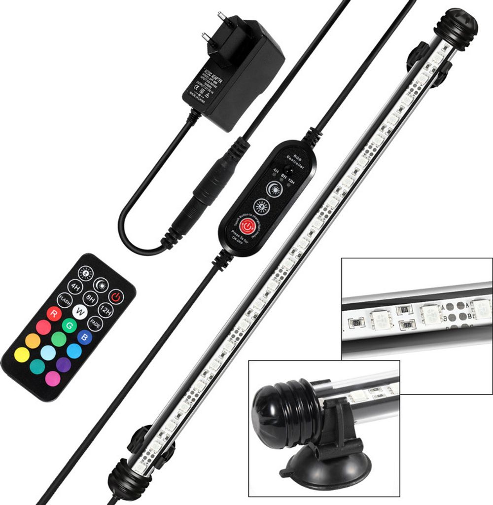 A product shot of an LED aquarium light with its accessories.