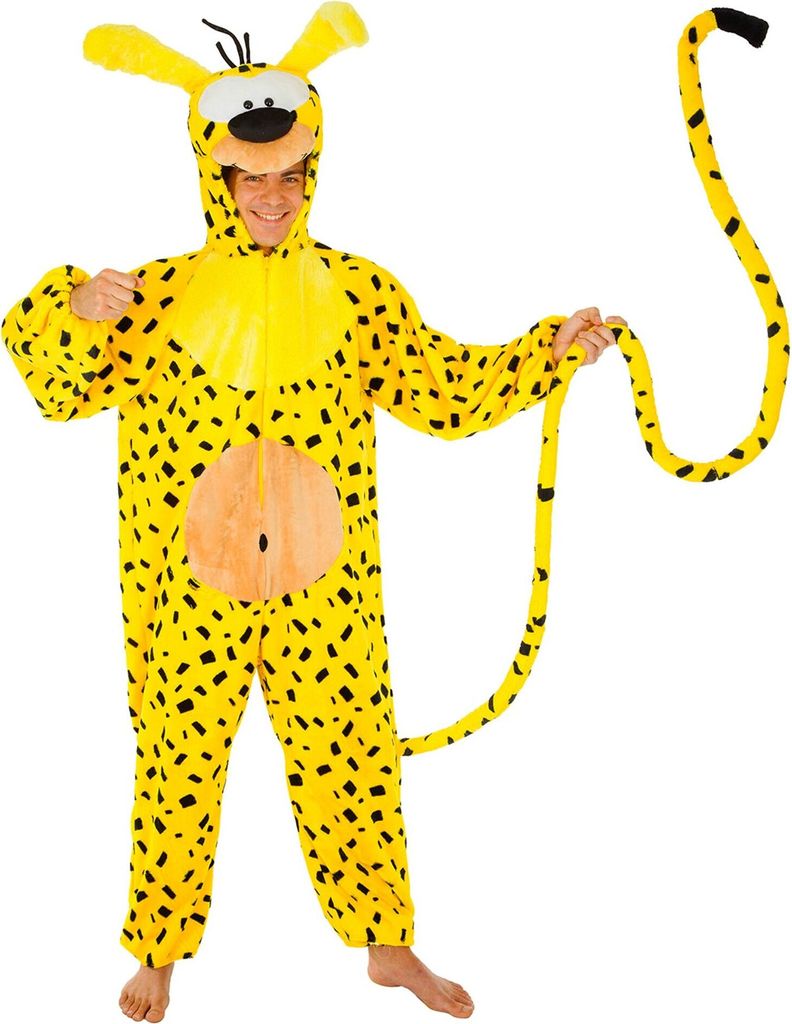 A person wearing a yellow and black Marsupilami costume.