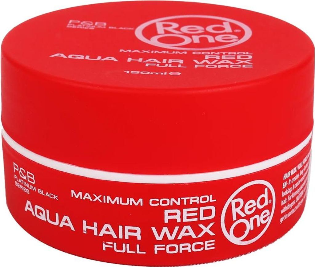 A red tub of hair wax is shown against a white background.