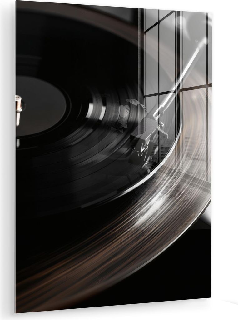 MuchoWow Glasbilder - Bilder auf Wandbild - Foto auf Glas Nahaufnahme - Vinyl-Schallplattenspieler - Schwarz 60x80 cm Wanddekoration aus Glas - Acr...