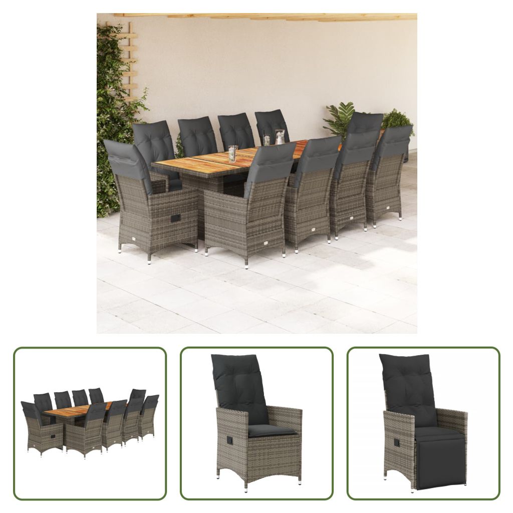 The Living Store 11-tlg. Garten-Bistro-Set mit Kissen Grau Poly Rattan