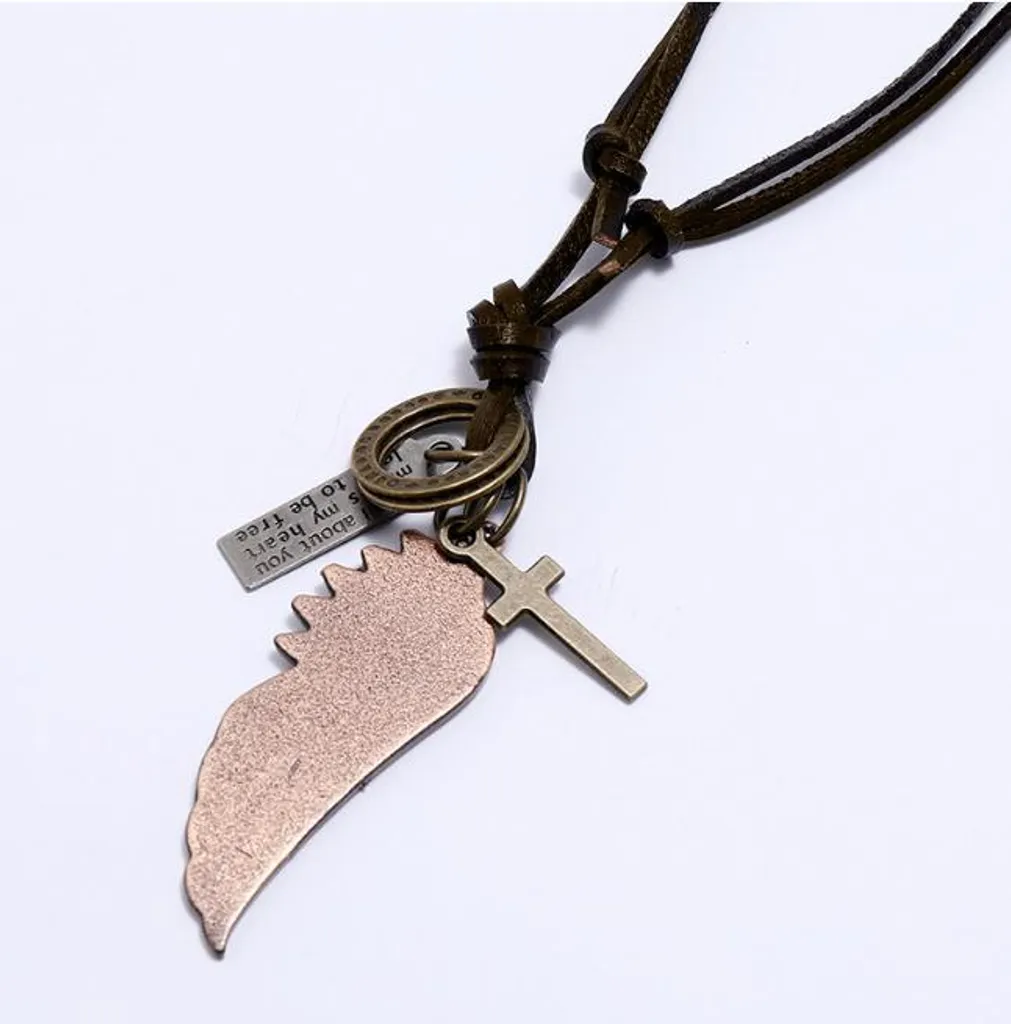 Collier homme cuir anti-allergie avec pendentif aile cuivre résistant - 3
