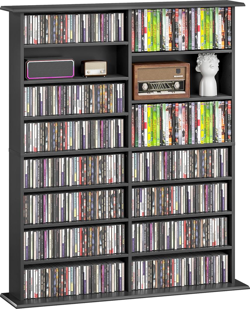HOMCOM CD- und DVD-Aufbewahrungseinheit, Multimedia-Schrank, max. Kapazität 720 CDs/396 DVDs und Blu-rays, 16 Fächer und 12 verstellbare Einlegeb...