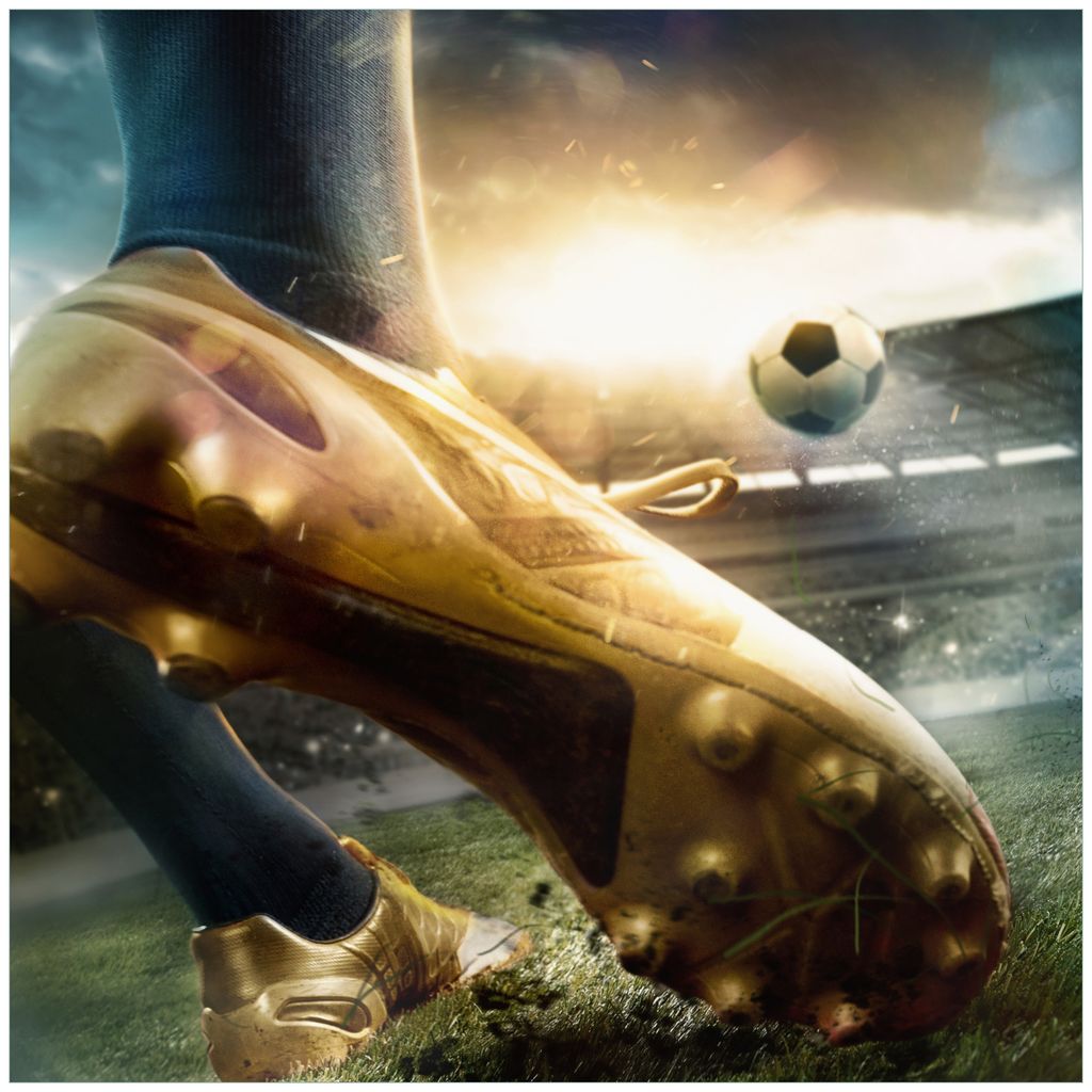 Wallario Premium Glasbild, freischwebende Optik, kräftige Farben, Größe 50 x 50 cm Motiv Fußball Goldschuh auf dem Feld
