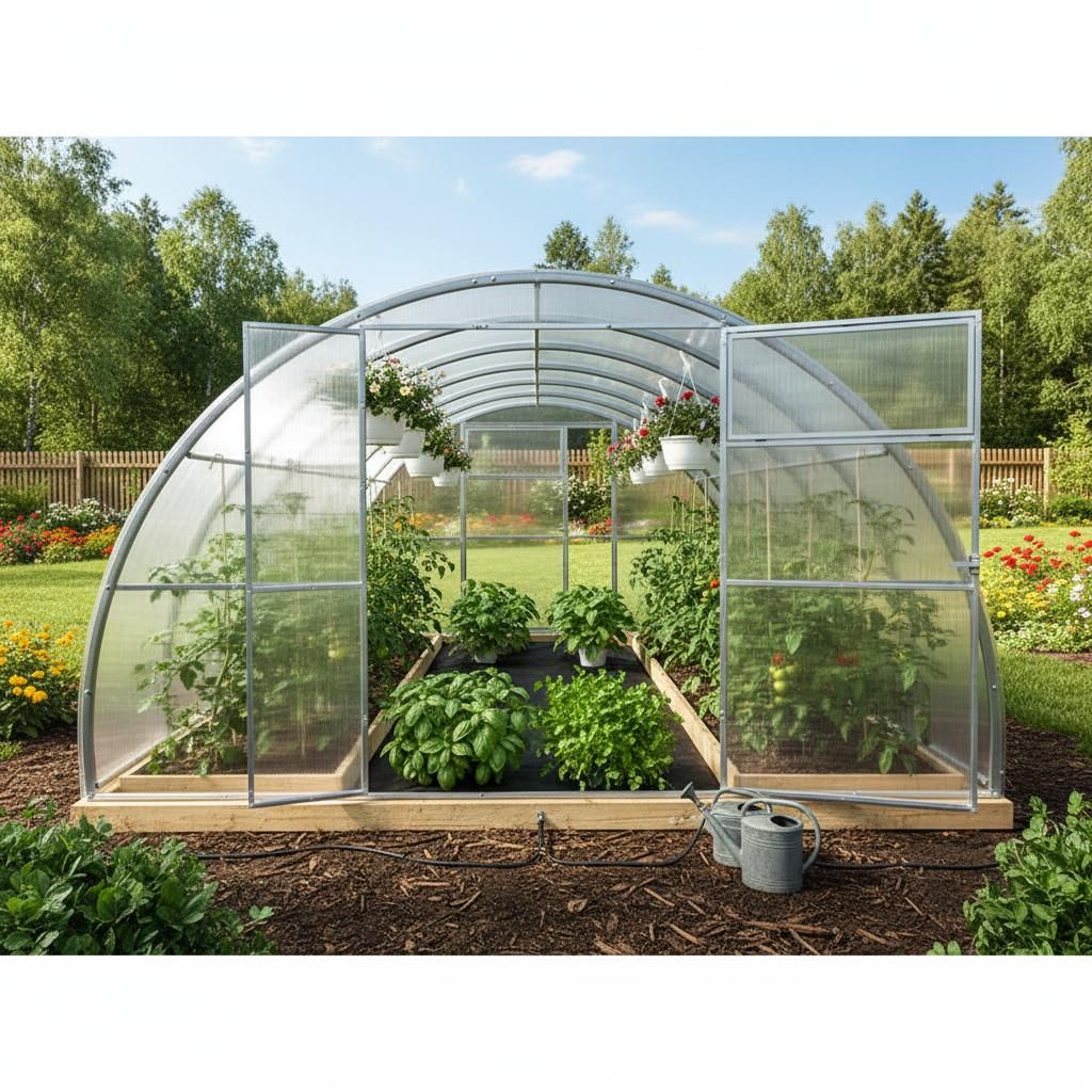 Gewächshaus „Sofia“ 3,5 x 6 m mit 6 mm Polycarbonat. Türen an jedem Ende.