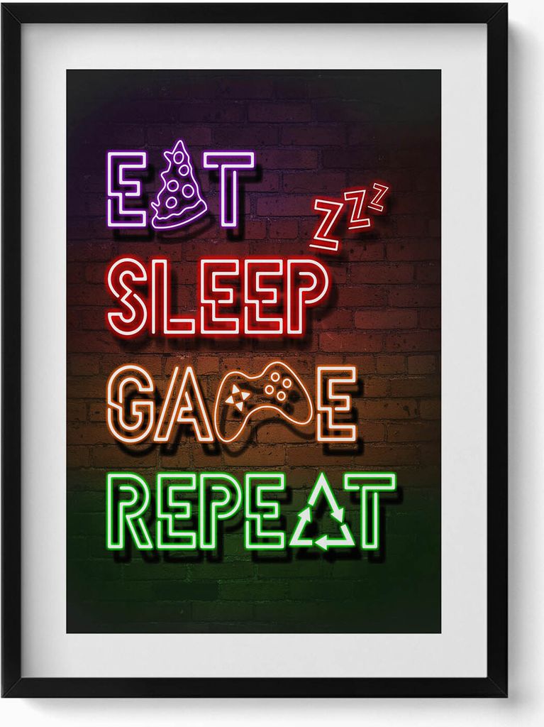 Beschriftung für Gamer „Eat sleep game repeat“– Wandbild mit Rahmen – Gerahmtes Bild – Wanddekoration – 50x70 cm – Schwarz Rahmen
