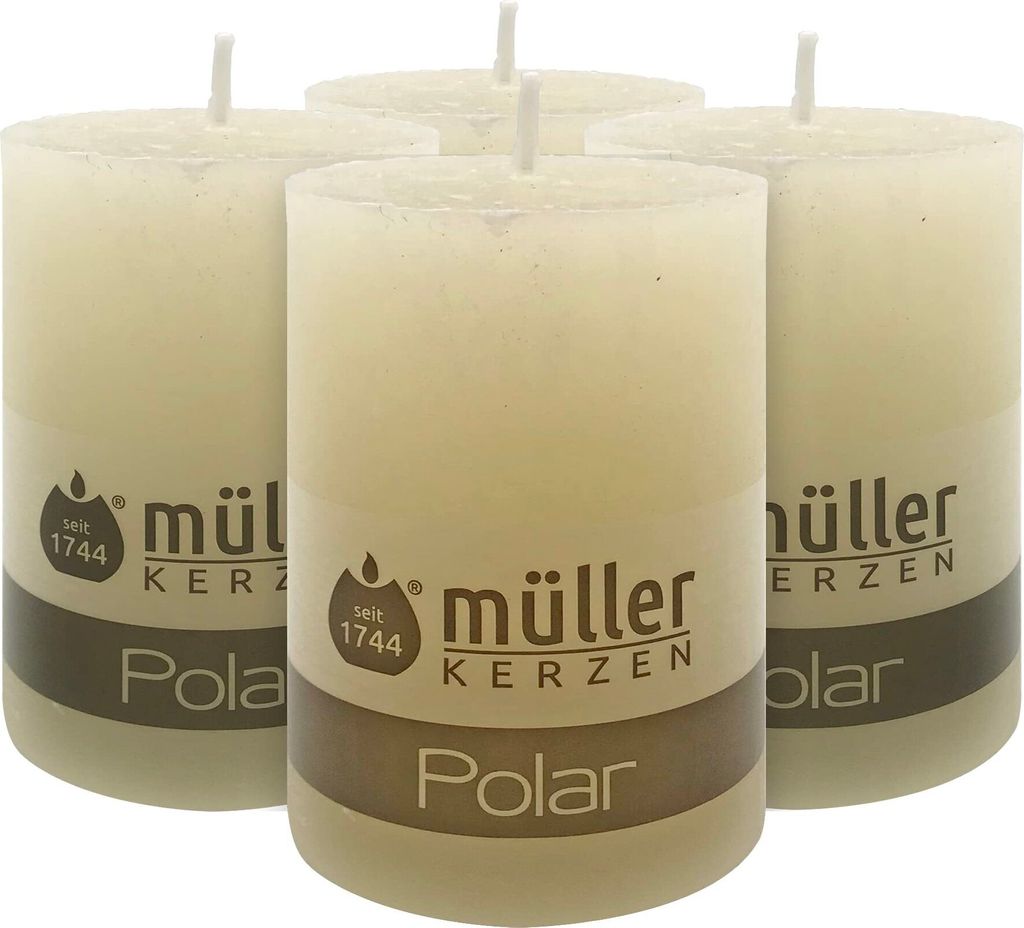 Müller Kerzen POLAR Stumpenkerzen Elfenbein 68x100 mm – 4 Stück – 46h Brenndauer