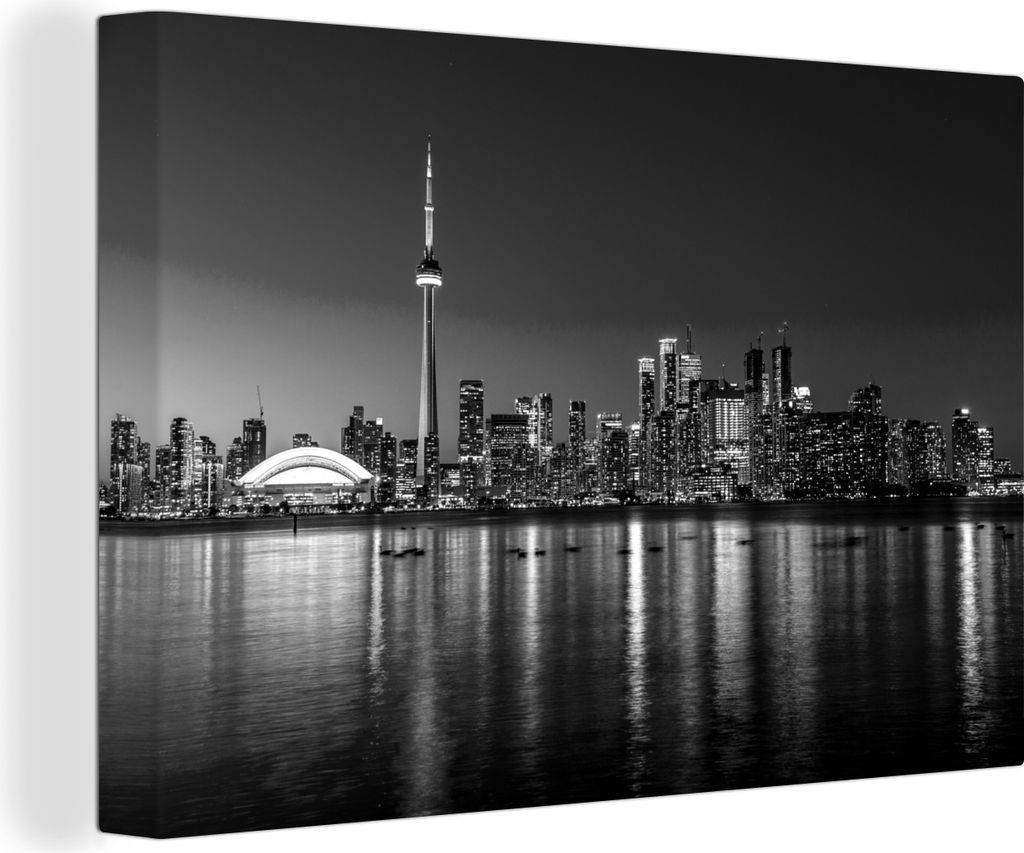 OneMillionCanvasses - Leinwandbilder - 140x90 cm, Skyline von Toronto mit Reflexion in der Nacht - schwarz und weiß, Wandbilder Kunstdruck Wandd...