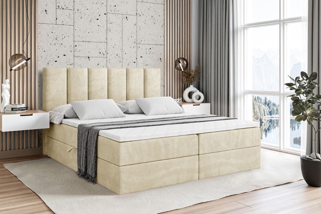 ALTDECOR Boxspringbett mit H4 Matratze und Topper - 140 x 200 cm - BOXI1 - Beige Samt - Polsterbett mit Bettkasten und Lattenrost, Bett mit Stauraum