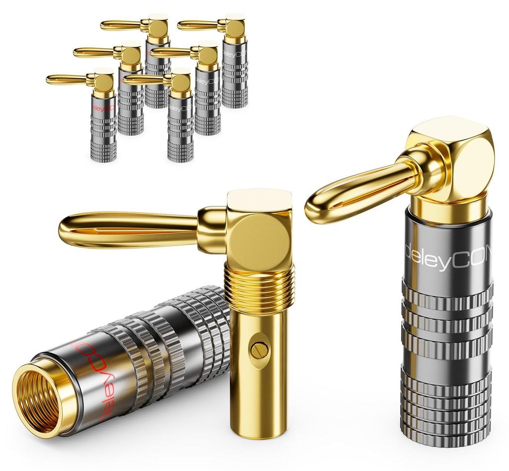 deleyCON Bananenstecker Set 90° gewinkelt, vergoldet, Produktbild 