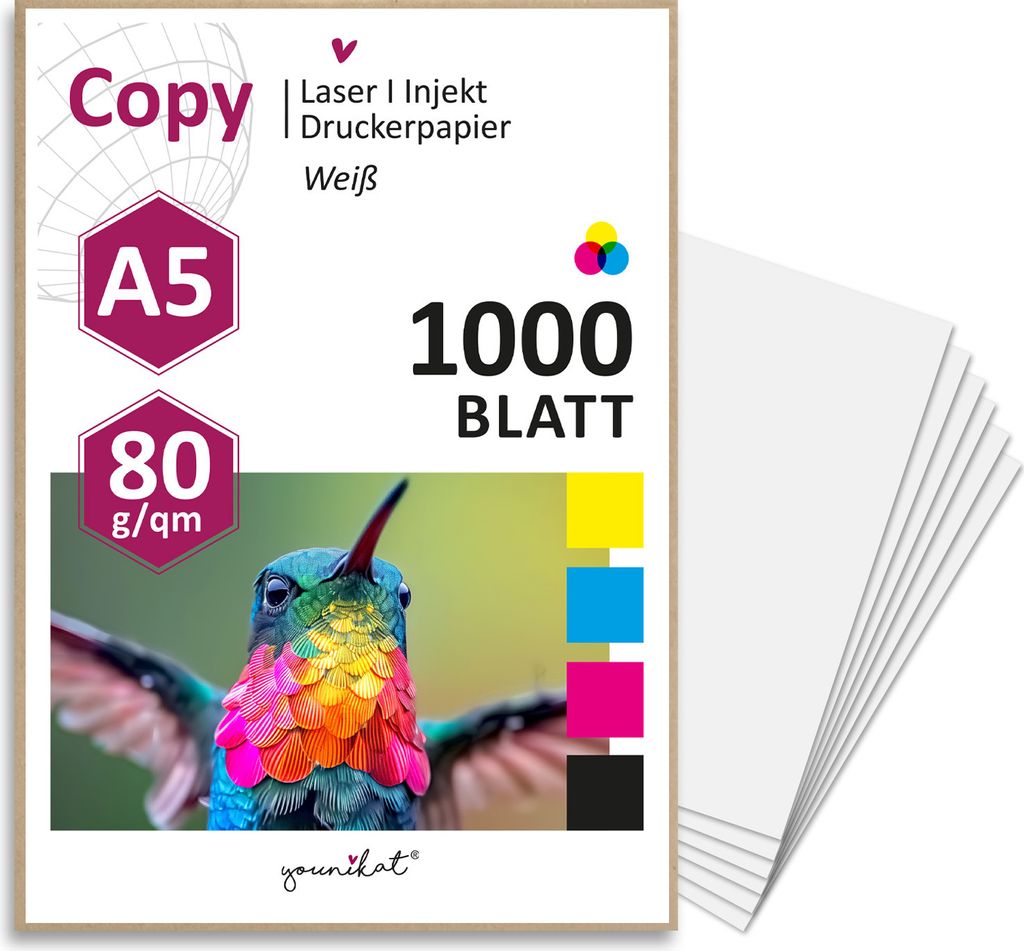 younikat 1000 Blatt blanko 80 g/m² Papier in weiß I Kopierpapier I Rezeptpapier I DIN A5 I dv1419