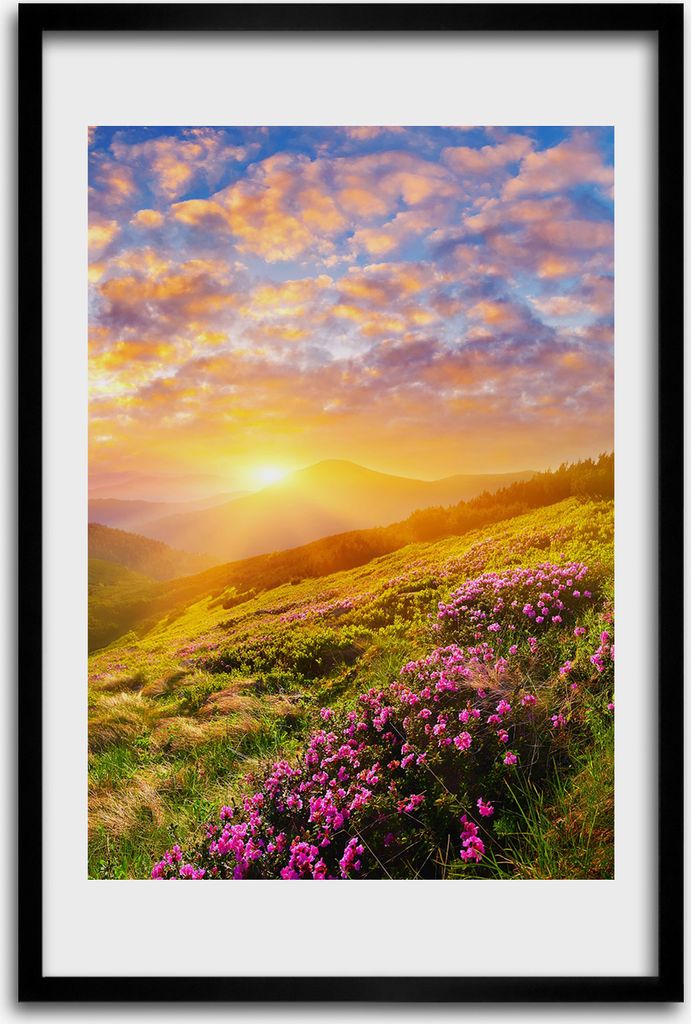 Bild - Bilderrahmen - 40 cm x 60 cm - MDF - Rahmen - Wandkunst - Sonnenuntergang Berge